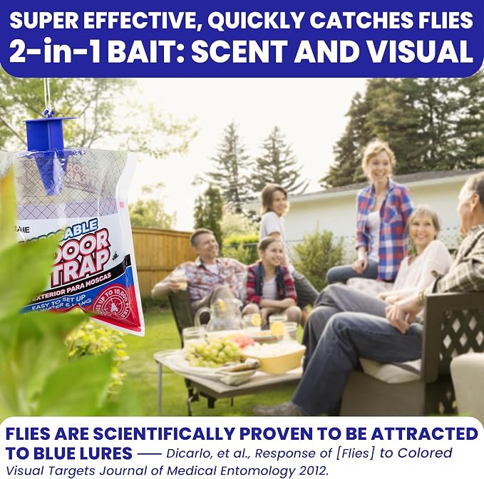 Fly Traps Outdoor Fly Trap for Patio. 2 Non-Toxic Pre-Baited Flies Bags Outdoor Disposable. Hanging Bug Catchers for All Filth Flies Killer for Outside Bug Control in Yard Horse Ranch Trash Can.