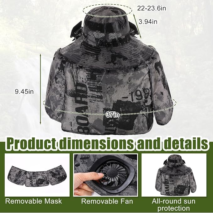 3 Pcs Solar Fan Hat with Arm Sleeves Neck Gaiter Wide Brim Sun Hat Solar Powered USB Charging for Men Women