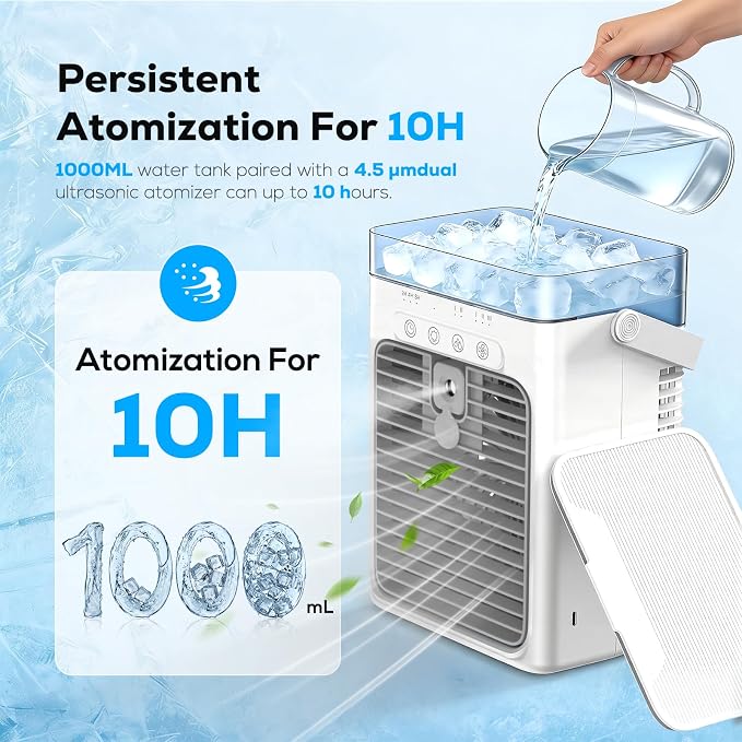 Portable Air Conditioner, 3-in-1 Evaporative Air Cooler with 3 Speeds & 2 Mist Modes, 1000ml Personal Mini AC Unit, USB Powered Small Cooler with RGB Light & Timer for Bedroom Office Desk (Grey)