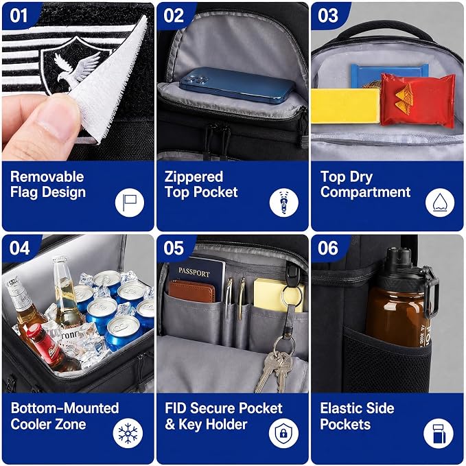 Backpack Cooler Insulated Lunch Bag, Double-Deck Leakproof Compartments Coolers Bag, 16-Can Capacity, RFID Pocket, Molle-Style Organizer, Lightweight for Work, Office, Travel, Hiking (Black)