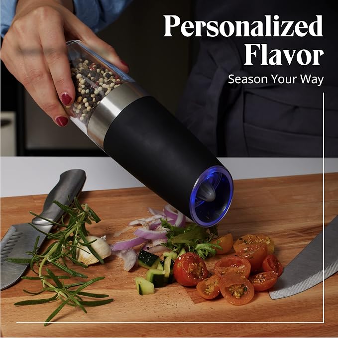 Willow & Everett Electric Salt and Pepper Grinder Set - Battery-Operated, Automatic Salt and Pepper Shakers - Black and Stainless Steel Gravity Electric Salt Grinder & Pepper Mill for Seasoning
