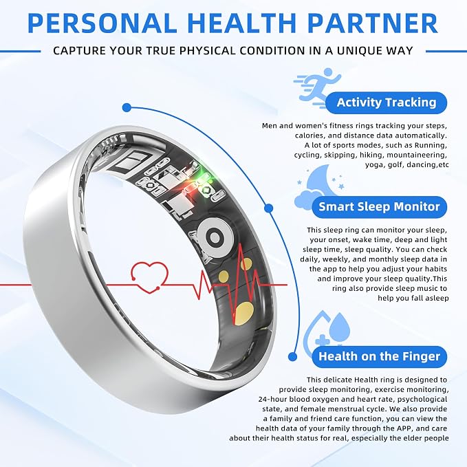 Smart Ring | No Subscription Fitness & Health Tracker Silver Size12 | 5ATM waterproof, 5day battery, Fitness & heart rate & SpO2 & pressure tracker, iOS & Android compatible, family care