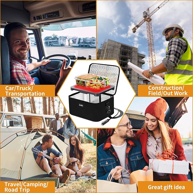 Aotto Heated Lunch Box Food Warmer - 12V/24V 2-in-1 Car Food Warmer with Vehicle Plug - Mini Portable Electric Lunch Box Heater for Men and Women - Reheat & Keep Meals Warm On the Go - Black