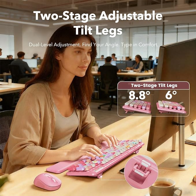 Wireless Keyboard and Mouse Combo, Cute Retro Typewriter Keyboard with Round Keycaps and Magnetic Wrist Rest, Full-Size 2.4GHz Cordless for Mac, Windows PC, Laptop, SABLUTE CK23, Pink Multi-Color