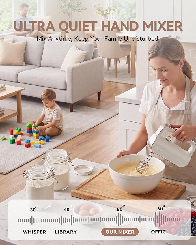 Master 4-in-1 Electric Hand Mixer with Turbo Boost, Stainless Steel Whisk, Beaters, Dough Hooks & Milk Frother, Lightweight Handheld Mixer for Baking & Coffee, Champagne Gold