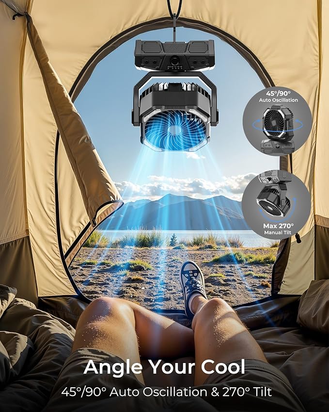 8” Portable Rechargeable Fan, Battery Operated Camping Fan with 27H Work Hours, Remote, Auto Oscillation, Timer, Hook for RV Tent Hurricane Emergency Black