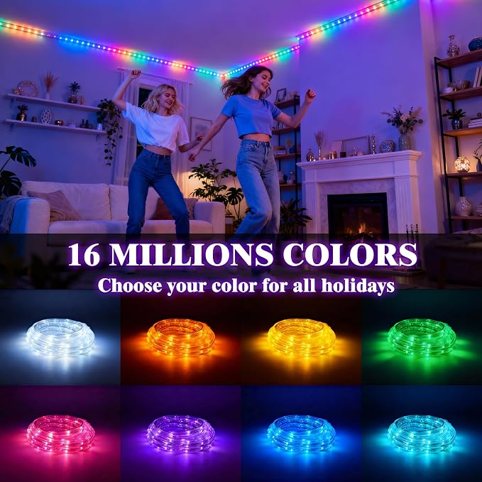 RGB Smart IC Strip Lights with APP Control, 33FT RGB+IC LED Color Changing Rope Lights Outdoor, 13MM Waterproof Neon LED Music Sync Tube Light for Bedroom Living Room Patio Christmas Hoilday