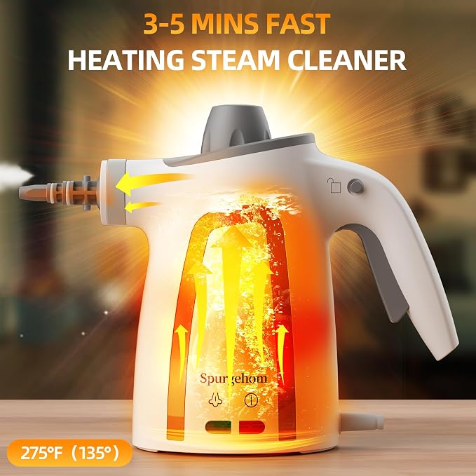 Spurgehom High-Pressure Steam Cleaner 1050W Fast Heating, 11-in-1 Multi-Surface Steamer with Safety Lock & 8 Accessories – Dirty-Free for Floors, Windows, Cars