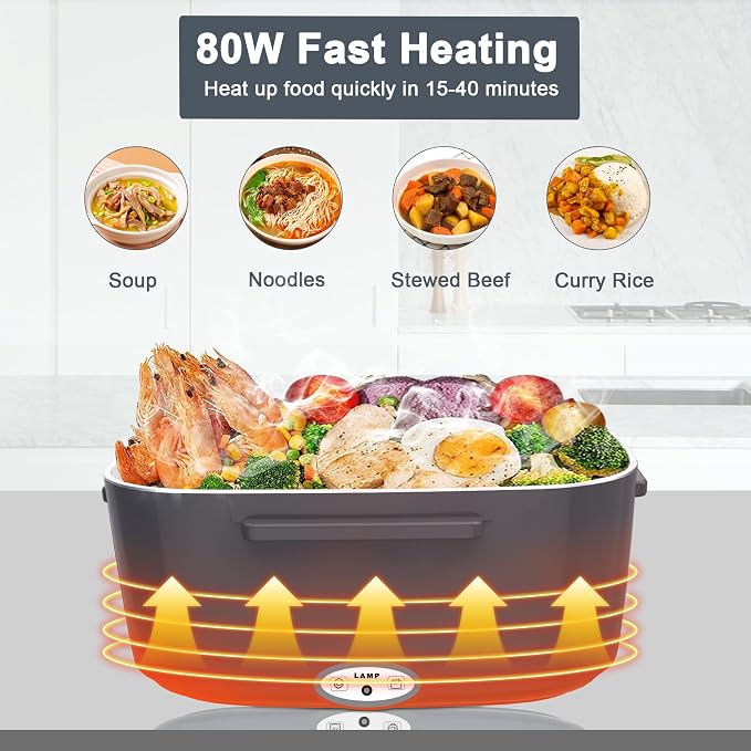 Electric Heated Lunch Boxes Adults: 80W Electric Lunch Box Food Heated 12/24/110V 1.5L Heatable Lunch Box for Car/Truck/Office Leak-Proof Stainless Steel Container, Fork & Spoon, Bag (Dark Grey)
