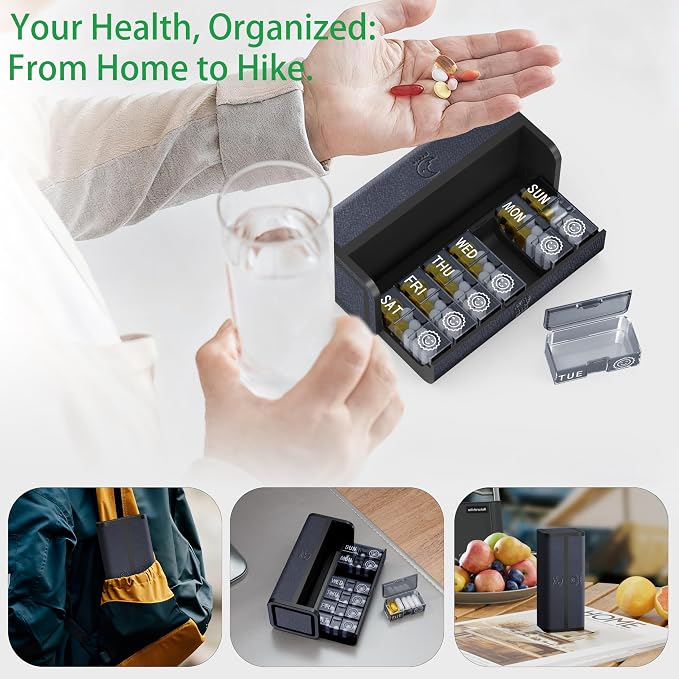 Pill Organizer 7 Day AM PM, Discreet 2 Times a Day Weekly Pill Box with Double Protection Shell, Large Capacity Portable Vitamin Case for Travel Meds & Medicine Organizer (Silver-Black)