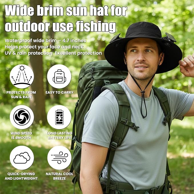Solar Powered Fan hat with 2 USB Charging Removable Fans Wide Brim Sun Cooling in Them Sun for Adults Protection Fishing Beach Gardening with Earplugs
