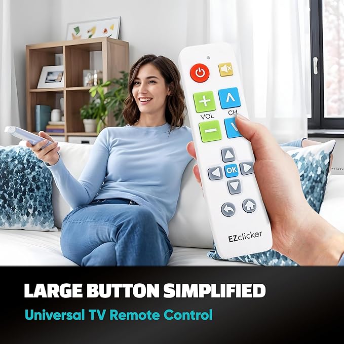 EZclicker Big Button Universal TV Remote (White) Simple Easy to Use, Great for Seniors, Works with Major TV Brands (2xAAA Batteries Not Included)