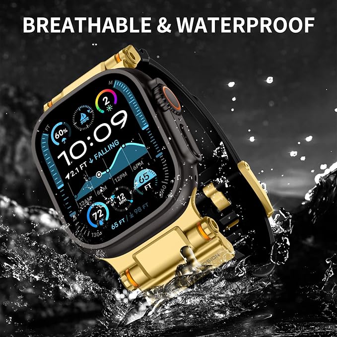 FOAMUNOC Rugged Band Compatible with Apple Watch Ultra 3/2/1 Band 49mm/46mm/45mm/44mm/42mm, Metal Connector with Silicone Strap for iWatch Ultra Series 11/10/9/8/7/6/SE3/SE2/SE/5/4/3/2/1, Gold Black