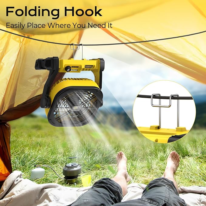 Battery Operated Fan for Dewalt 20V Max battery, Portable Fan with AC Adapter & LED Lights, 4 Speeds & Hook, Cordless/Camping/Battery Powered fan, for Outdoor Jobsite (Battery Not Included)