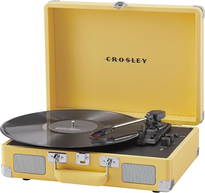Crosley CR8005F-LY Cruiser Plus Vintage 3-Speed Bluetooth in/Out Suitcase Vinyl Record Player Turntable with Built-in Speakers, Lemon Yellow