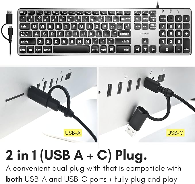 Macally Wired Keyboard for Mac (USB C + A) - Large Print and Backlit for Apple - 107 Key Full Size Large Letters USB C Keyboard for MacBook Pro/Air, Mac mini, iMac