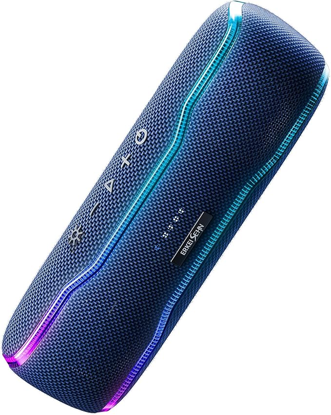 ERKEI SEHN Bluetooth Speaker, IPX7 Waterproof Wireless Speakers, Flashing Light, 25W Super Bass, 24H Playtime, Birthday Valentines Gifts for Him, TWS Pairing, Beach Vacation Essentials, Midnight Blue