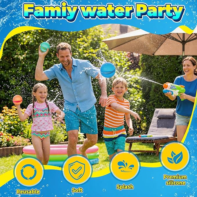 24 Pcs Reusable Water Balloons, Self-Sealing Refillable Water Balls, Pool Toys for Kids Ages 4-14, Pool Beach & Outdoor Water Ballons