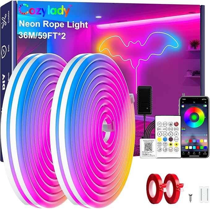 Cozylady RGB Neon Light LED Rope Light,Waterproof Bluetooth APP Remote Control Music Sync Strip Light,24V Flexible DIY Silicone Light for Bedroom Home Indoor Outdoor Decoration(36m/120ft)