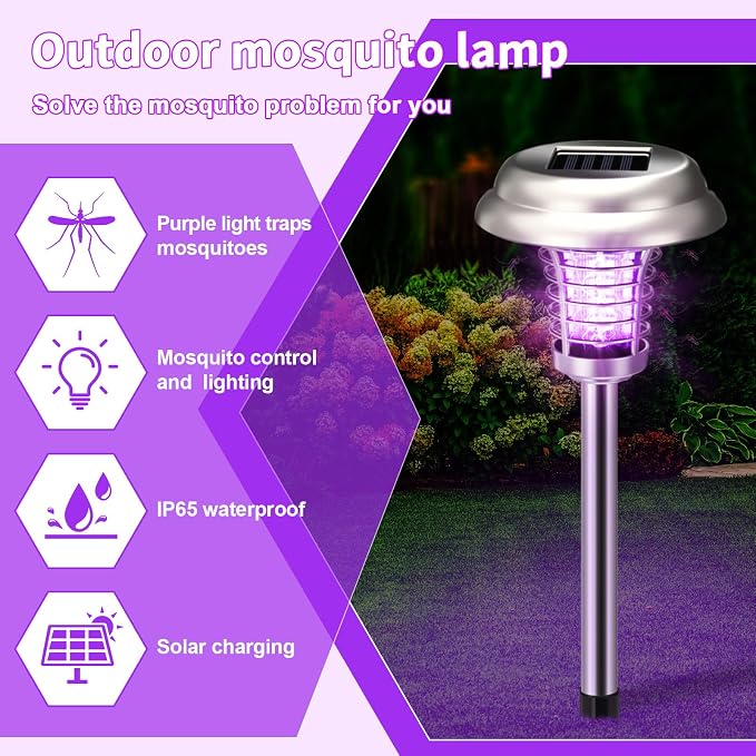 4 Pcs Solar Bug Zapper Outdoor Waterproof Mosquito Repellent Light Solar Power Fly Killer Lamps for Moths, Gnats, Fly, Small Flying Insect Backyard Garden Lawn (Plastic,Purple & Colorful Light)