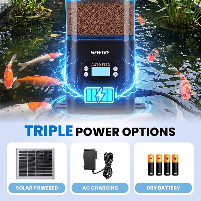 NEWTRY Automatic Pond Fish Feeder, 2.8L Solar Powered Auto Fish Feeder for Pond, Battery & AC Power, Programmable Auto Timer Automatic Dispenser for Vacation, Indoor & Outdoor