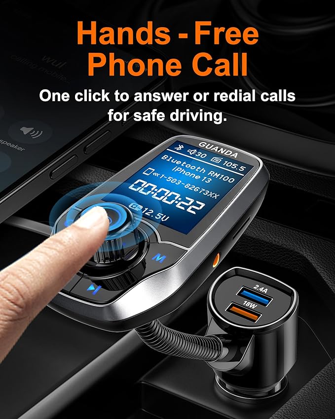 Upgraded Bluetooth 5.3 FM Transmitter for Car, Wireless Radio Adapter Kit W 1.8" Color Display Hands-Free Call AUX in/Out SD/TF Card USB Fast Charging 18W for All Smartphones Audio Players - Pewter