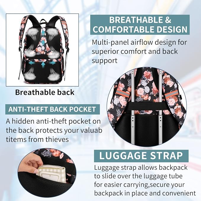 HILUSEN Lunch Backpack for Women, Insulated Cooler Lunch Box, Extra Large Work Backpack with USB Charging Port, Water Resistant 17 inch Travel Laptop Backpack