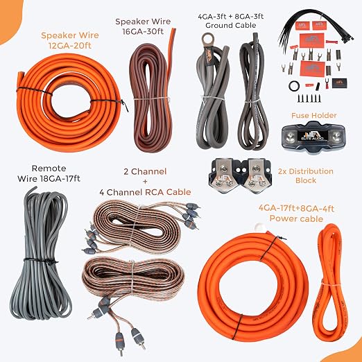 Elite Audio 4 Gauge Dual Amplifier Wiring Kit, 2000W CCA Amp Install Kit for 2 Amplifiers – EA-PRMK4