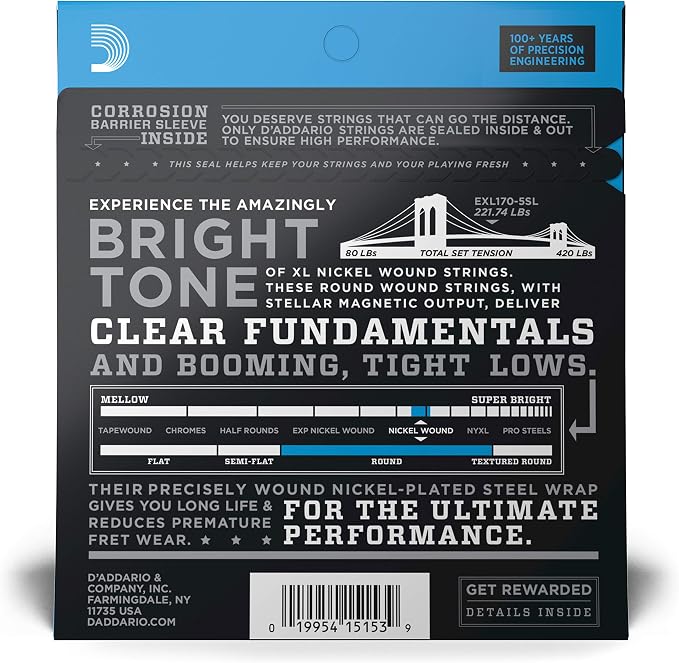 D'Addario Electric Bass Guitar Strings, XL Nickel, EXL170-5SL, Regular Light Gauge 45-130, Super Long Scale, 5-String Set, Pack of 1