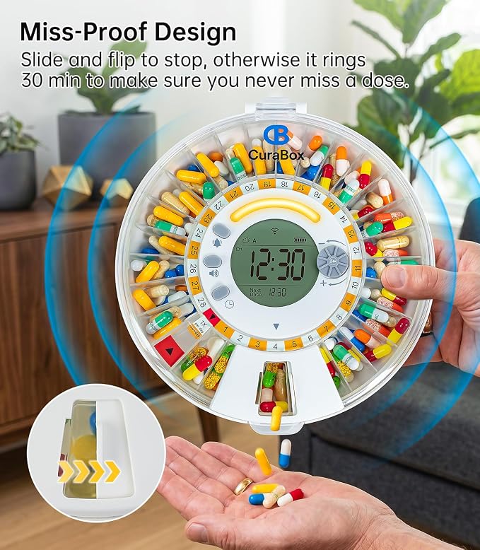 Wi-Fi Automatic Pill Dispenser 28-Day Medication Assistant for Seniors & Caregivers with Remote App Monitoring, Alarms, Sound Light Reminders, Tracks Adherence History, Clear LCD Display, Key Lock