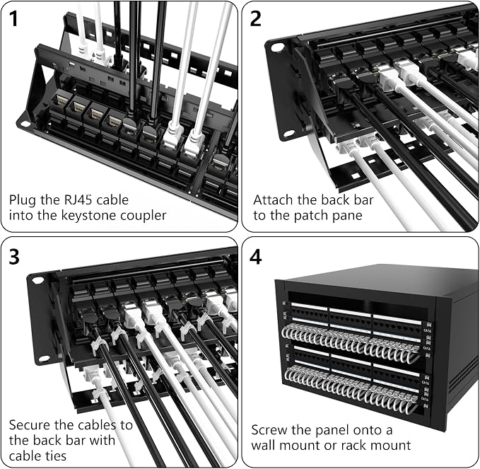 Jadaol [UL Listed] 48 Port Patch Panel Rackmount or Wall Mount 19-Inch, 2U Cat 6 Network Panel Preloaded with 48 Keystone Couplers Plus 2 Spare, 10Gbps Ethernet Panel with Cable Management & Back Bar