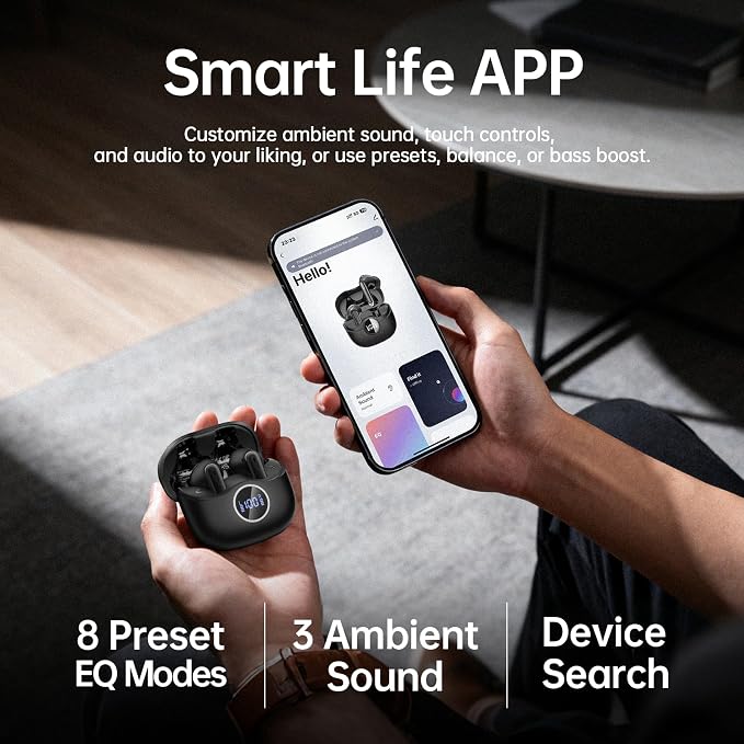 Adaptive Hybrid Active Noise Canceling 2026 Wireless Earbuds, 6 Mics ENC Clear Call Ear Buds, Hi-Res Audio Deep Bass Bluetooth 5.4 Headphones, 40H Playtime, LED, for Sports Running Gym Workout, Black