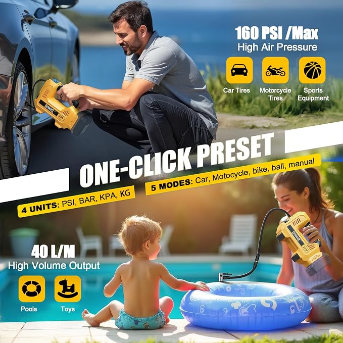 DIYtoolifz 160PSI Cordless Tire Inflator Compatible with Dewalt 20V Air Compressor, Portable Air Pump Automatic Shut Off, LED Light, Digital Pressure Gauge for Cars Motorcycles Bike Ball (Tool Only)