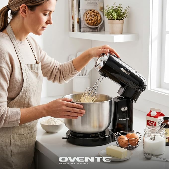 OVENTE Electric Stand Mixer with 3.5 Quarts Stainless Steel Mixing Bowl, 5 Speed Portable and Lightweight 250W Kitchen Mixer for Everyday Use, Includes 2 Egg Beater Whisk and Dough Hook Black SM680B