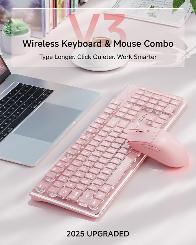 V3 Wireless Keyboard and Mouse Combo, Bluetooth/2.4G Rechargeable Light up Quiet Computer Wireless Keyboard and Mouse with White Backlit, Metal Panel-Pink