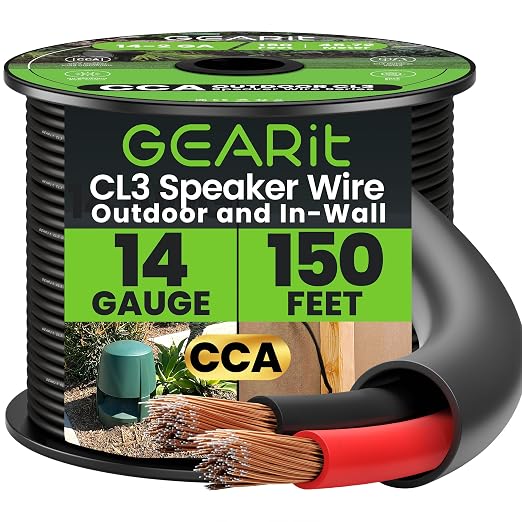GEARit 14 Gauge Speaker Wire Cable,14 Gauge Wire CL3 Rated 150ft,Audio Cable with Red/Black Color Coded,Outdoor Speaker Wires for Home,Car,Outdoor,Patio,Garden,In-Wall,Backyard,CCA(Black,2-Conductors)