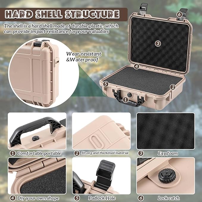 Relaxweex 1 Pcs Waterproof Hard Case with DIY Customizable Foam Insert Portable Protective Case with Knife for Camera Drones Equipments Tools Test Instruments(Tan,11.3 x 8.7 x 4.2 Inch)