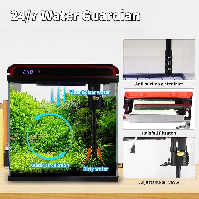 Glass 5 Gallon Fish Tank Aquarium - Smart Self-Cleaning Starter Kit with 3-Color LED Light, Ultra Quiet Pump & Filter, Temperature Monitoring for Betta Fish and Shrimp