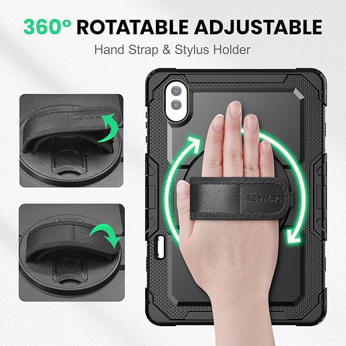 SEYMAC Case for Samsung Galaxy Tab S11 Ultra 5G 14.6 Inch 2025, Heavy Duty Shockproof Protective Case with Screen Protector, Rotating Stand and Hand/Shoulder Strap, Black