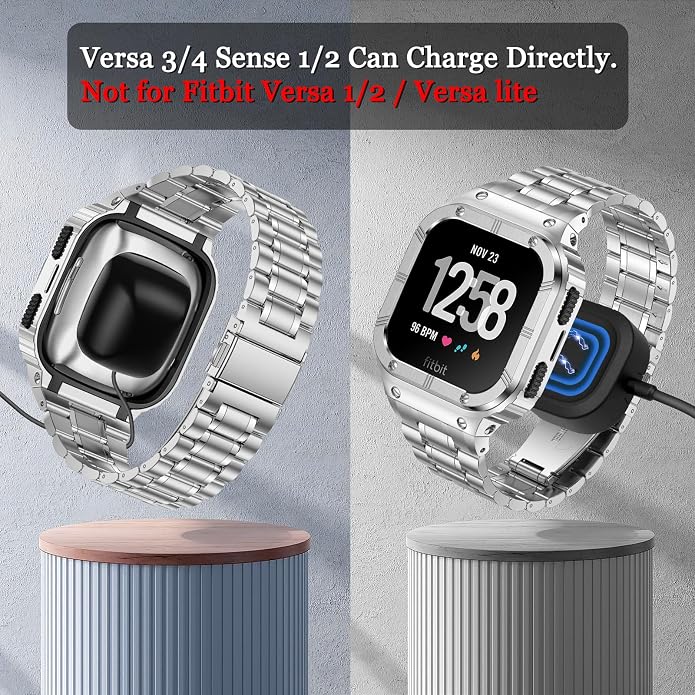 BAITEYOU Stainless Steel Watch Band with Case Compatible for Fitbit Versa/Fitbit Sense Bands, Rugged Protective Bumper Metal Wristbands for Men Women