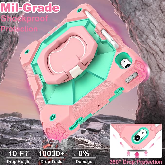 WESOROL Case for iPad (A16) 11th/10th Generation 2025/2022 with Screen Protector 360 Rotating Stand Pencil Holder iPad Case10th Generation Shockproof Cover for iPad 11th/10th Gen Case,Rose Mint