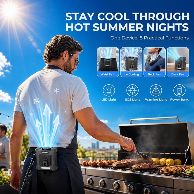Portable Waist Fan with 56°F Ice Cooling, 8000mAh Rechargeable Belt Clip Fan, 5-Speed 21000RPM Wearable Cooler, LED SOS Warning Light for Jobsite Camping Summer Essential