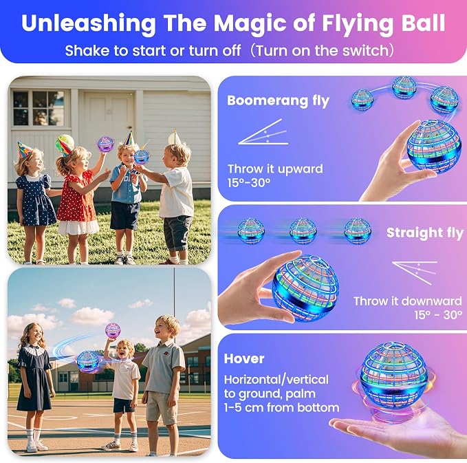 Flying Orb Ball Toy, 2026 Upgrade Hand Controlled Hover Ball with LED Lights,360° Rotating Boomerang Globe Cool Mini Drone, Ideal Birthday&Christmas Gift for Boys Girls-Blue & Purple