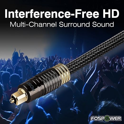 FosPower 24K Gold Plated Toslink Digital Fiber Optical Audio Cable (S/PDIF) - [Zero RFI & EMI Interference] Metal Connectors & Ultra Durable Nylon Braided Jacket (10ft)