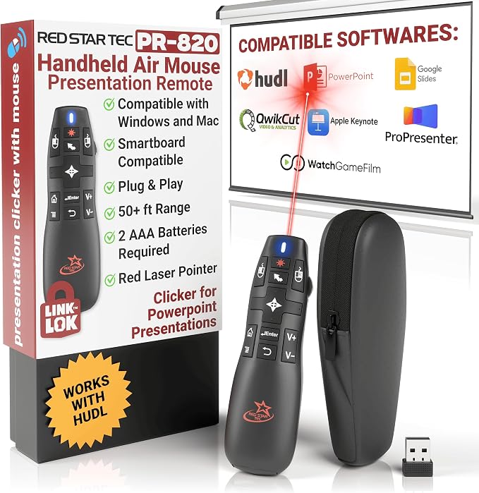 PR-820 Presentation Clicker for Mac – Smartboard Remote PowerPoint Clicker with Laser Pointer & Air Mouse, Compatible with Keynote, Google Slides, MacBook & PC