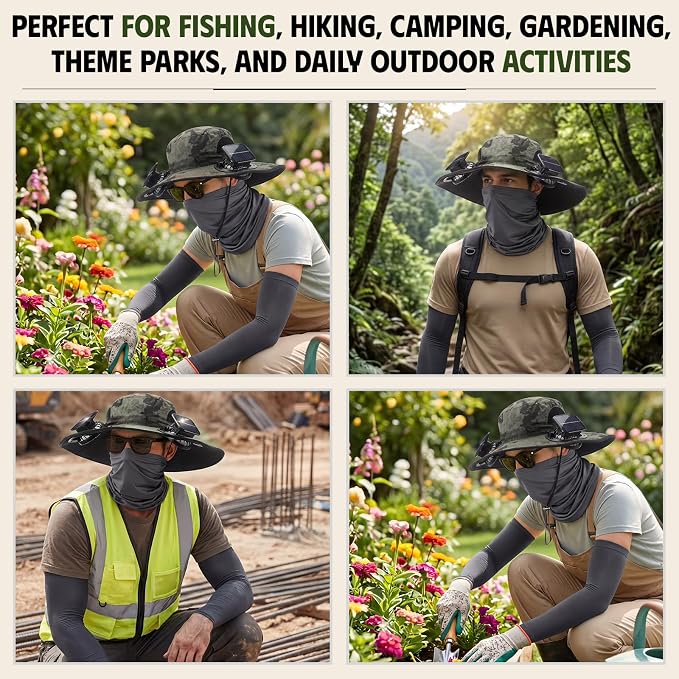 Syhood Solar Powered Fan Hat Neck Gaiter Arm Sleeves Sun Bucket Hat with Fan Cooling Wide Brim Hats for Fishing Hiking