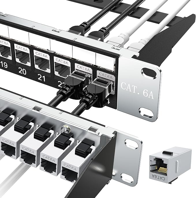 Jadaol [UL Listed] 24-Port Shielded Cat6A Patch Panel, 19” 1U Rackmount/Wall Mount Feed-Through RJ45 Panel with 24 Preloaded Shielded Keystone Couplers + 1 Spare, Up to 10Gbps, Cable Management Bar