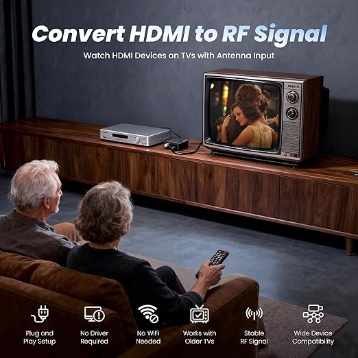 [Upgrade]kurtmark HDMI to RF Modulator with 1.2M HDMI Cable & Power Adapter,Plug and Play Coax RF Converter for TV, 1080P PLL Control NTSC Output CH3/CH4 RF Converter for Antenna TVs and Game Consoles