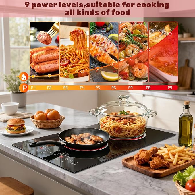 2 Burner Electric Cooktop 2000W, 12 Inch Electric Cook Top Plug in 110V, Electrics Stove with Touch Control, Countertop & Built-in Ceramic Stovetop, 9 Heating Level, Timer, Residual Heat Indicator