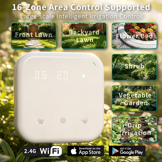 Netro WiFi Sprinkler Controller 16 Zones Smart Sprinkler Controller App-Based Irrigation System Controllers for Garden Lawn Weather Service Plant Database Rain Skips Compatible with Alexa, White